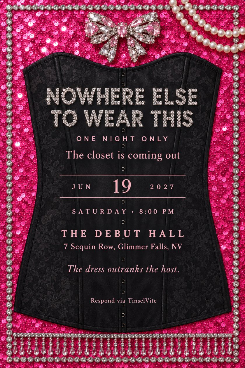 Just because invitation: A black corset on hot pink sequins, a crystal bow above, pearls at one corner, crystal fringe below. Rhinestone capitals read NOWHERE ELSE TO WEAR THIS, with date and venue beneath.