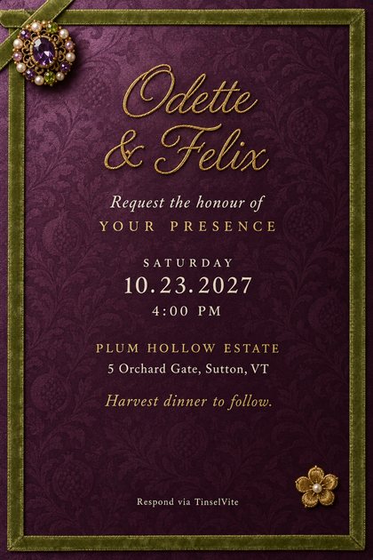 Wedding invitation on deep plum damask with a green velvet ribbon border, a jeweled brooch at the upper left, gold script couple's names, and the date and venue below.