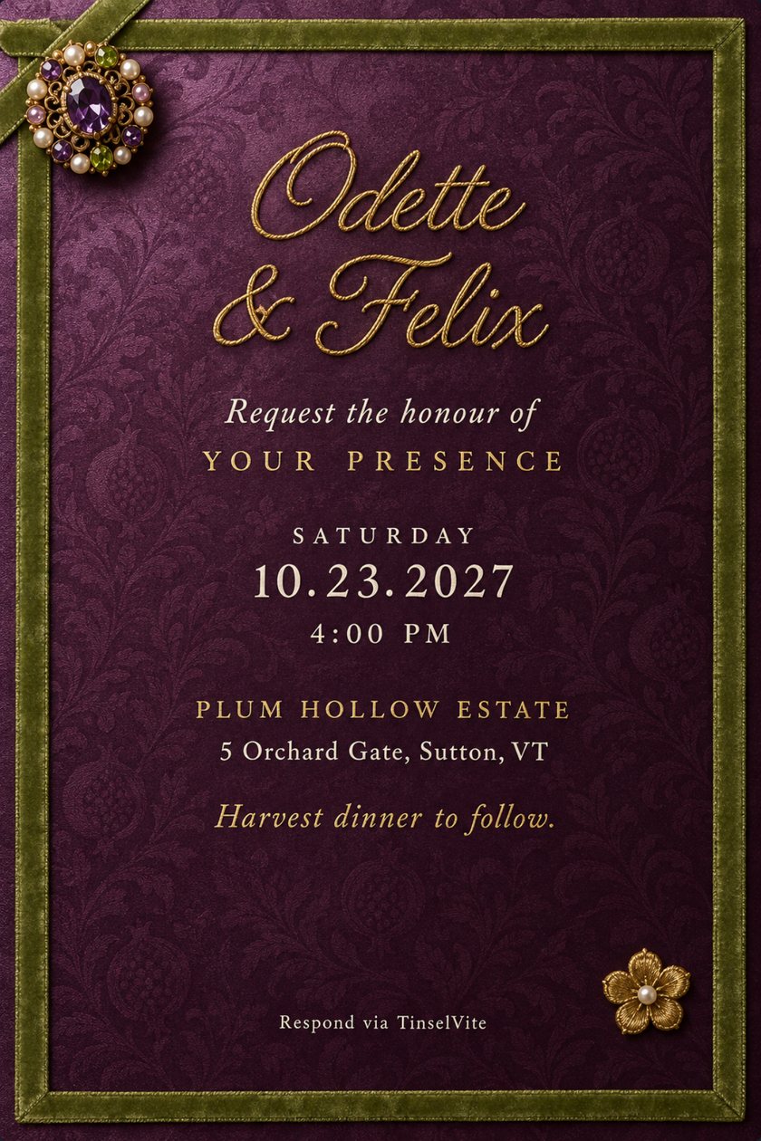 Wedding invitation on deep plum damask with a green velvet ribbon border, a jeweled brooch at the upper left, gold script couple's names, and the date and venue below.