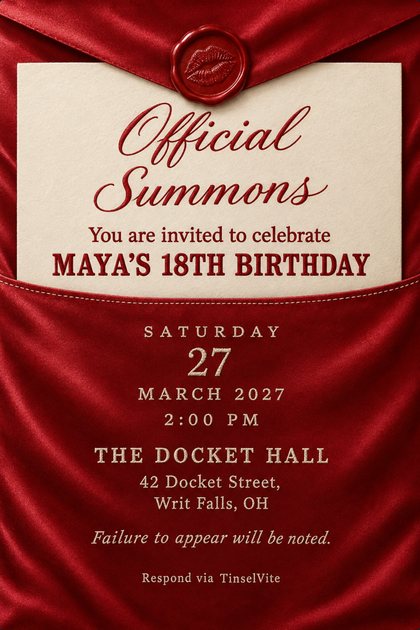 Cherry-red satin envelope with a lipstick-kiss wax seal, a cream card sliding out reading Official Summons in red script above MAYA'S 18TH BIRTHDAY, with the date and venue stitched below.