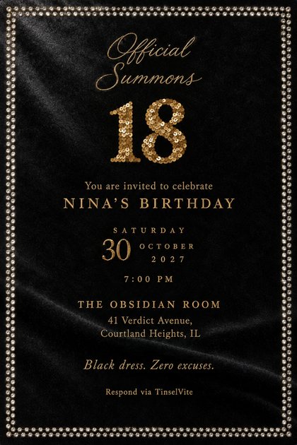Black velvet card with a double rhinestone border. Gold script reads Official Summons above a large gold sequin 18, then NINA'S BIRTHDAY in gold capitals, with the date and venue below.