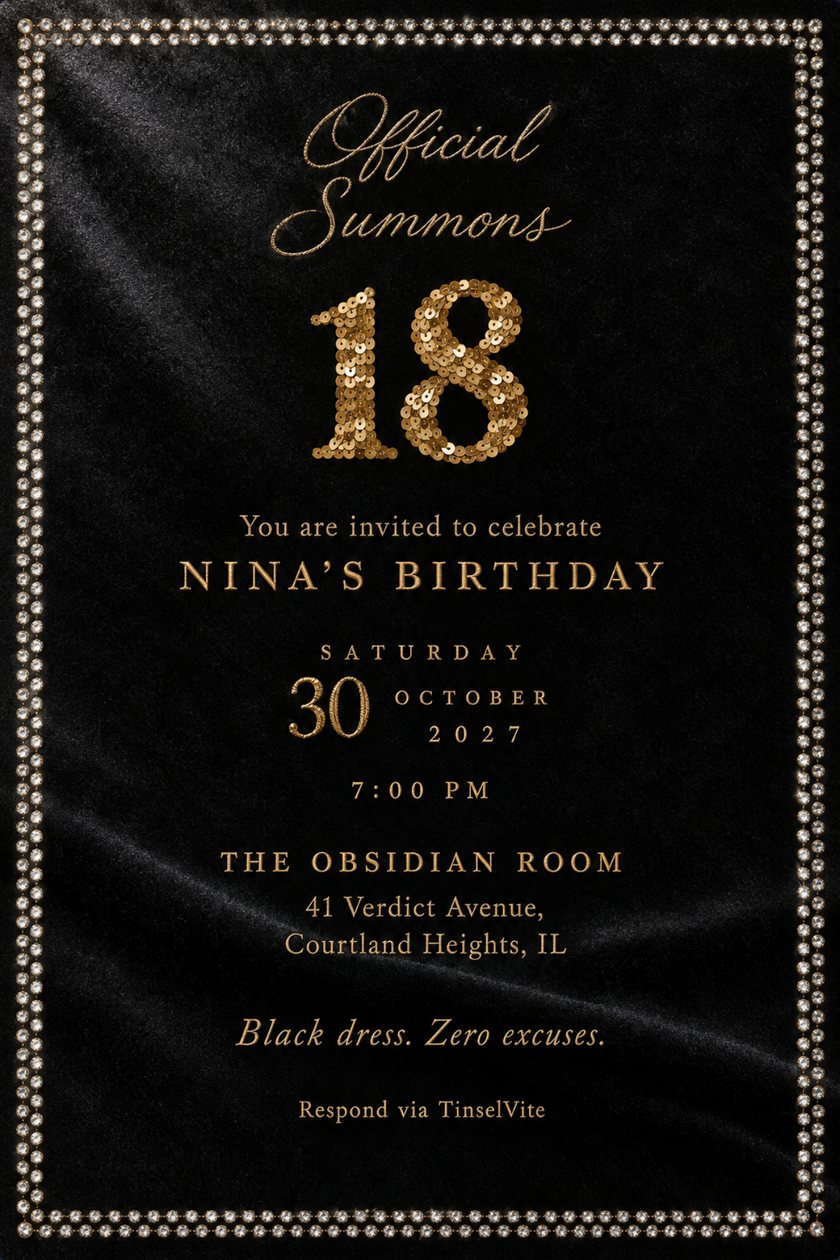 Black velvet card with a double rhinestone border. Gold script reads Official Summons above a large gold sequin 18, then NINA'S BIRTHDAY in gold capitals, with the date and venue below.