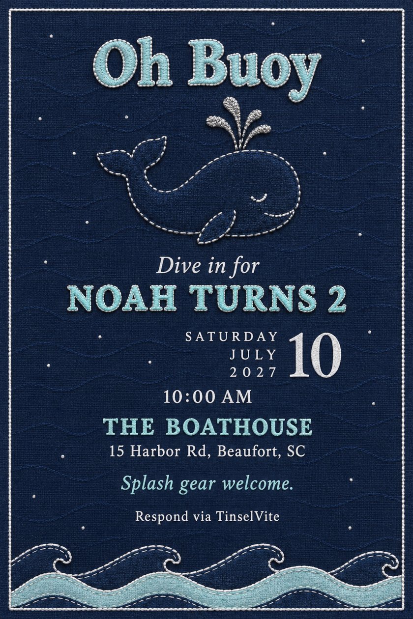 Birthday invitation on navy linen with a padded-stitch whale and silver thread spout, aqua waves along the foot, and the large aqua wording Oh Buoy, with the date and venue below.