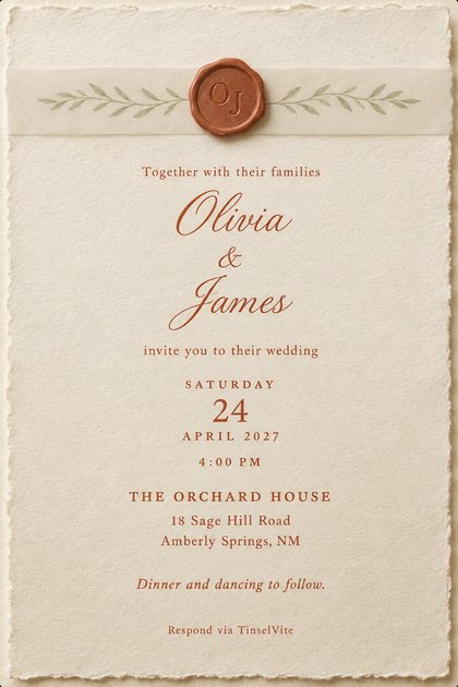 Ivory deckled-edge card with a translucent vellum band across the top, pale sage olive sprigs either side of a terracotta wax seal stamped OJ, and terracotta script names Olivia and James.