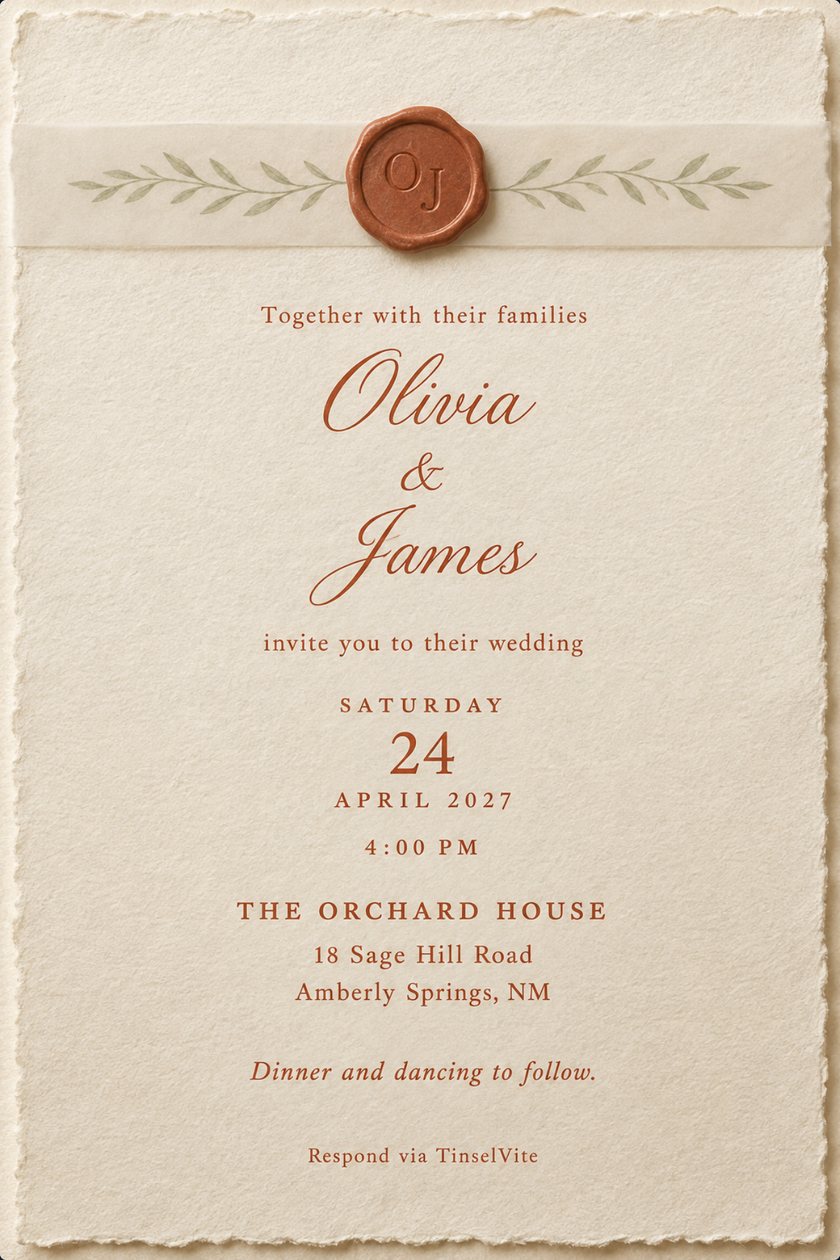 Wedding invitation: Ivory deckled-edge card with a translucent vellum band across the top, pale sage olive sprigs either side of a terracotta wax seal stamped OJ, and terracotta script names Olivia and James.