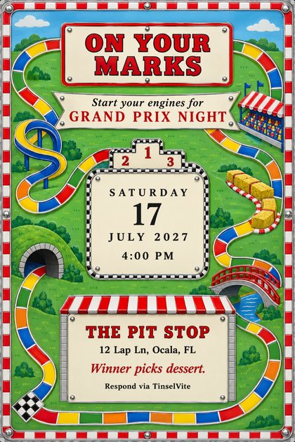 Game night invitation styled as an enamelled steel racetrack board with a winding track of coloured tiles, red and white kerb border, and On Your Marks in red, with date and venue below.