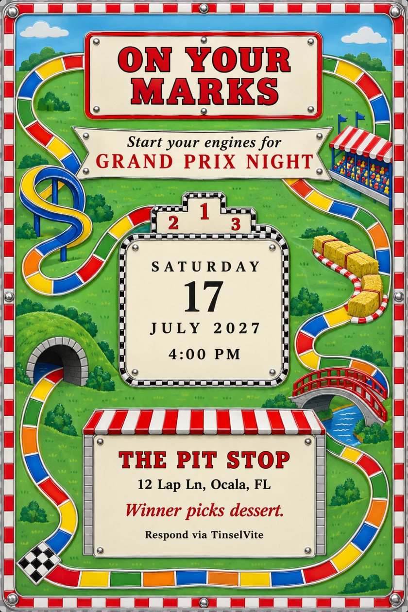 Game night invitation styled as an enamelled steel racetrack board with a winding track of coloured tiles, red and white kerb border, and On Your Marks in red, with date and venue below.