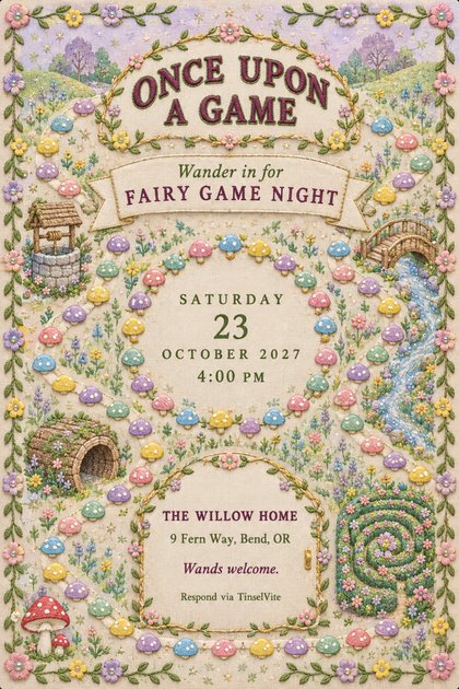 Embroidered linen game night invitation with a winding path of mushroom stepping stones, a well, bridge and hedge maze, and the title Once Upon a Game, with the date and venue below.