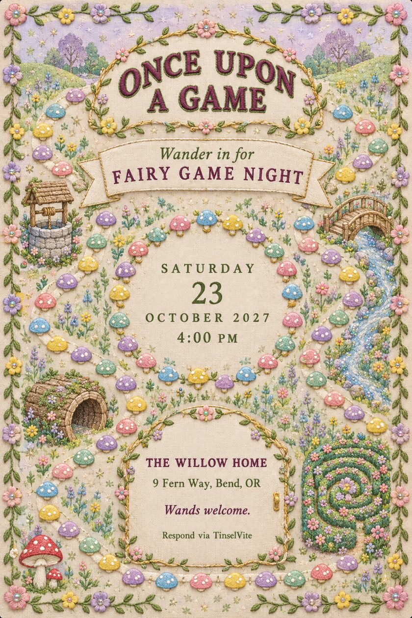 Embroidered linen game night invitation with a winding path of mushroom stepping stones, a well, bridge and hedge maze, and the title Once Upon a Game, with the date and venue below.