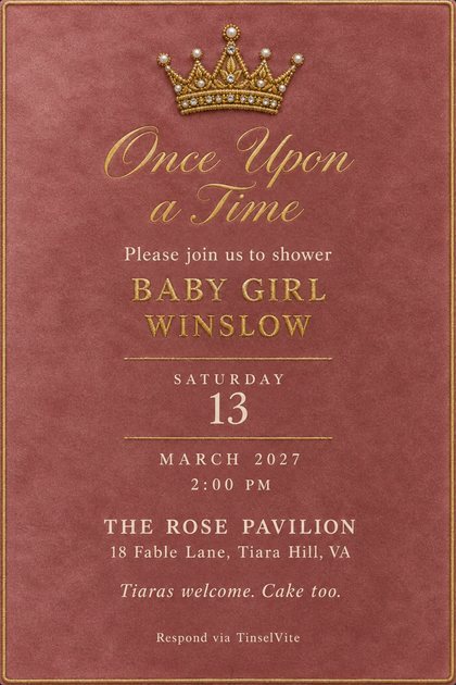 Dusty rose velvet card with thin gold piping, an embroidered gold crown set with pearls at the top, gold script reading Once Upon a Time above BABY GIRL WINSLOW, with the date and venue below.