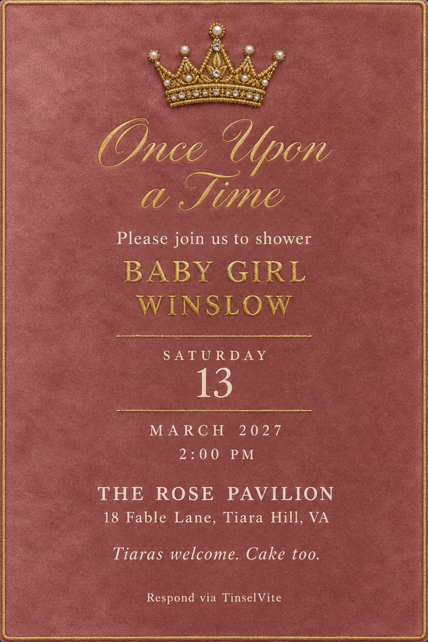 Baby shower invitation: Dusty rose velvet card with thin gold piping, an embroidered gold crown set with pearls at the top, gold script reading Once Upon a Time above BABY GIRL WINSLOW, with the date and venue below.