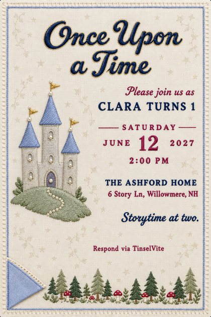 First birthday invitation on ivory linen: a stitched grey castle on a green hill, pine trees and toadstools, and Once Upon a Time in navy script, with date and venue below.