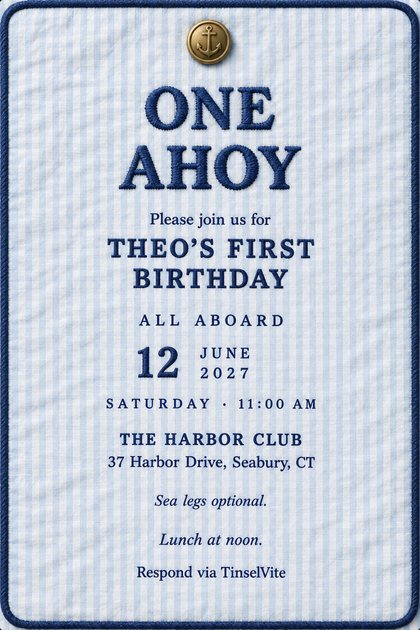 Blue-and-white seersucker card with a navy stitched border and brass anchor button. Navy embroidered lettering reads ONE AHOY, THEO'S FIRST BIRTHDAY, then the date and venue.