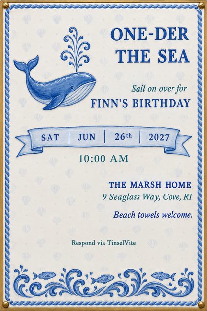 Birthday invitation styled as a blue and white painted tile: a cobalt whale with a curling spout, a date ribbon, and the heading One-der the Sea, with the date and venue below.