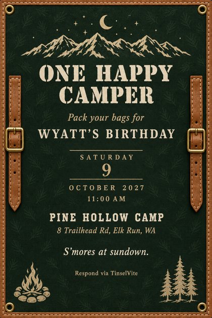Birthday invitation on forest green waxed canvas with a cream mountain range and crescent moon, brown leather straps with brass buckles, and One Happy Camper in stencil letters.
