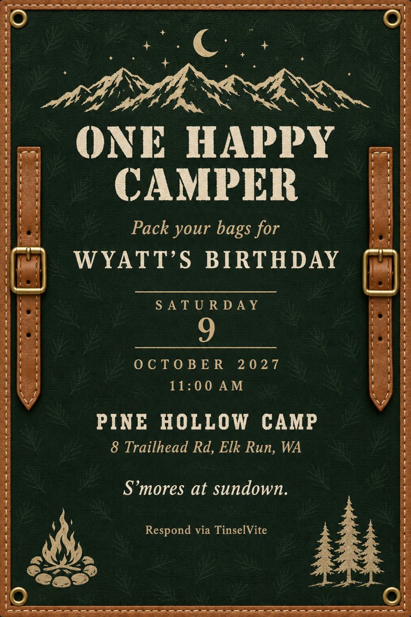 Birthday invitation on forest green waxed canvas with a cream mountain range and crescent moon, brown leather straps with brass buckles, and One Happy Camper in stencil letters.