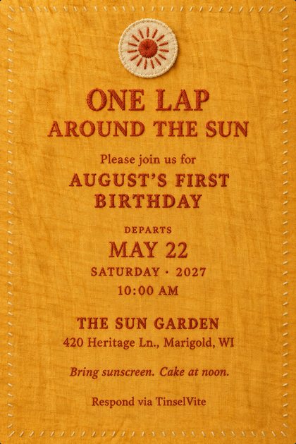 Marigold cotton card with a cream sun patch stitched at the top, cream stitching around the border, and terracotta lettering reading One Lap Around the Sun above the birthday wording, with the date and venue below.