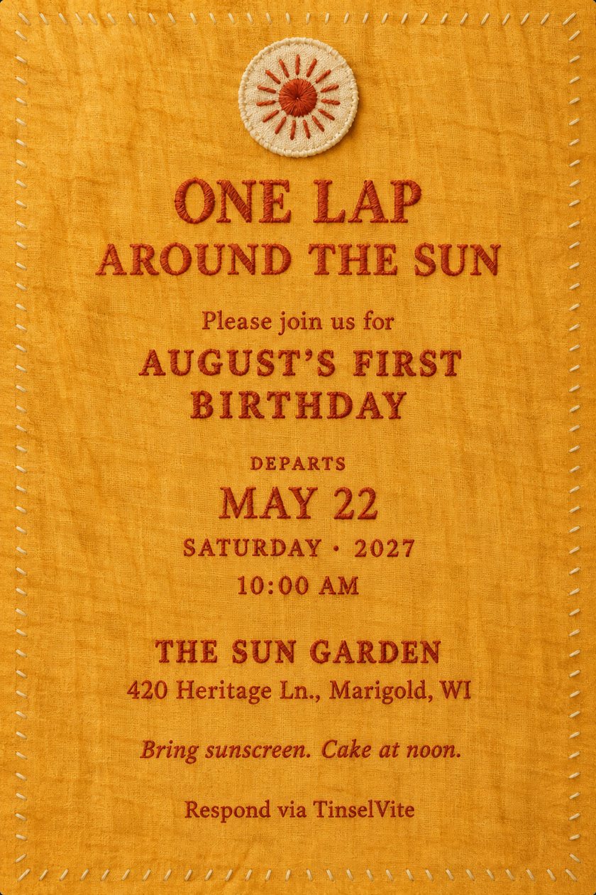 Marigold cotton card with a cream sun patch stitched at the top, cream stitching around the border, and terracotta lettering reading One Lap Around the Sun above the birthday wording, with the date and venue below.