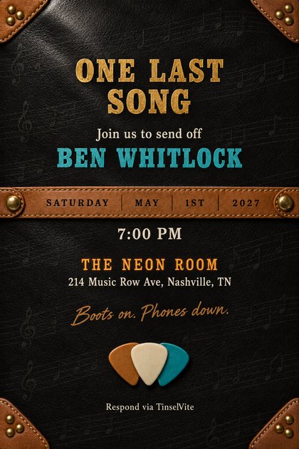 Black leather card with brass-studded tan corners, a tan leather strap band holding the date, and three guitar picks below. Gold slab type reads ONE LAST SONG, with the name and venue.