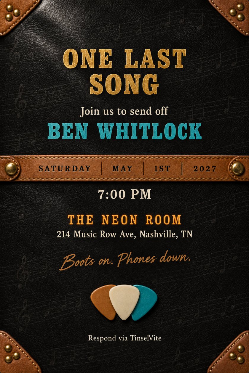 Bachelor party invitation: Black leather card with brass-studded tan corners, a tan leather strap band holding the date, and three guitar picks below. Gold slab type reads ONE LAST SONG, with the name and venue.