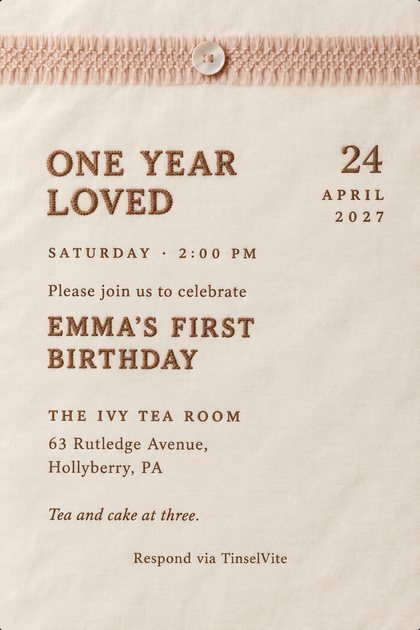 Ivory cotton card with a blush smocked band and a pearl button at top. Cocoa embroidery reads ONE YEAR LOVED beside 24 April 2027, then Emma's First Birthday and the Lawson Home address.