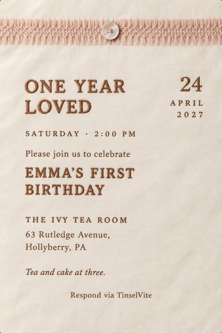 Ivory cotton card with a blush smocked band and a pearl button at top. Cocoa embroidery reads ONE YEAR LOVED beside 24 April 2027, then Emma's First Birthday and the Lawson Home address.