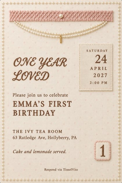 Ivory cotton card with pearl border: blush smocked band, pearl swag with gold charm, stitched script One Year Loved, date patch, Emma's First Birthday, tea room, round 1 patch.