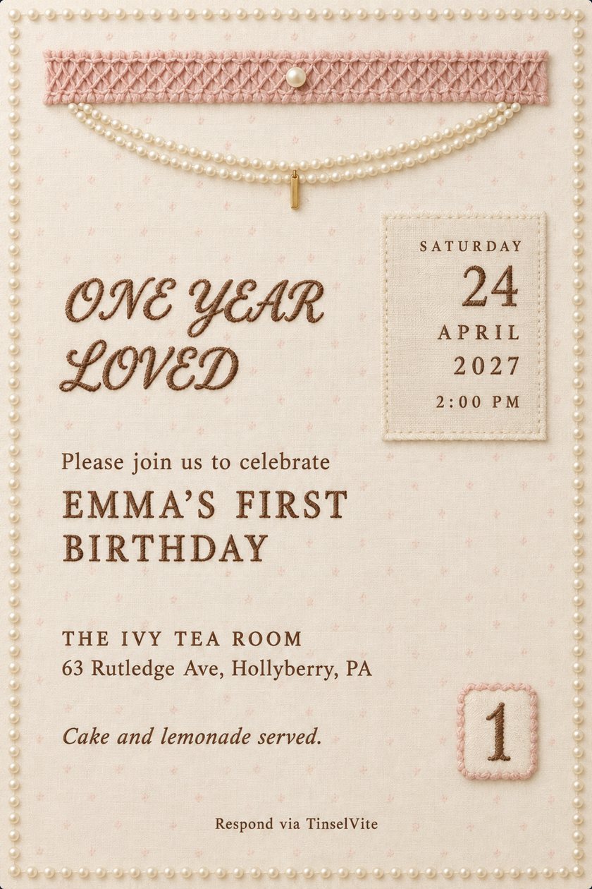 Ivory cotton card with pearl border: blush smocked band, pearl swag with gold charm, stitched script One Year Loved, date patch, Emma's First Birthday, tea room, round 1 patch.