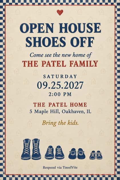 Housewarming invitation on cream painted canvas with a navy and cream checkerboard border, a red heart, four pairs of navy shoes, and the title Open House Shoes Off.