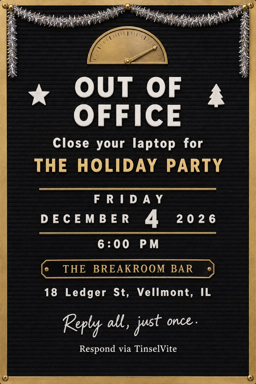 Holiday party invitation styled as a black felt letter board with a brass frame, silver tinsel swag and elevator dial, white tiles reading Out of Office, with the date and venue below.