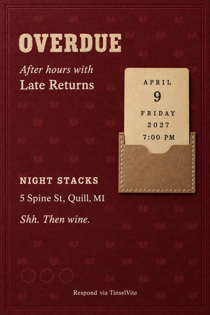 Book club invitation on deep red book cloth with a stamped cream title, OVERDUE, and a manila library card showing the date in a stitched kraft pocket, with the venue below.
