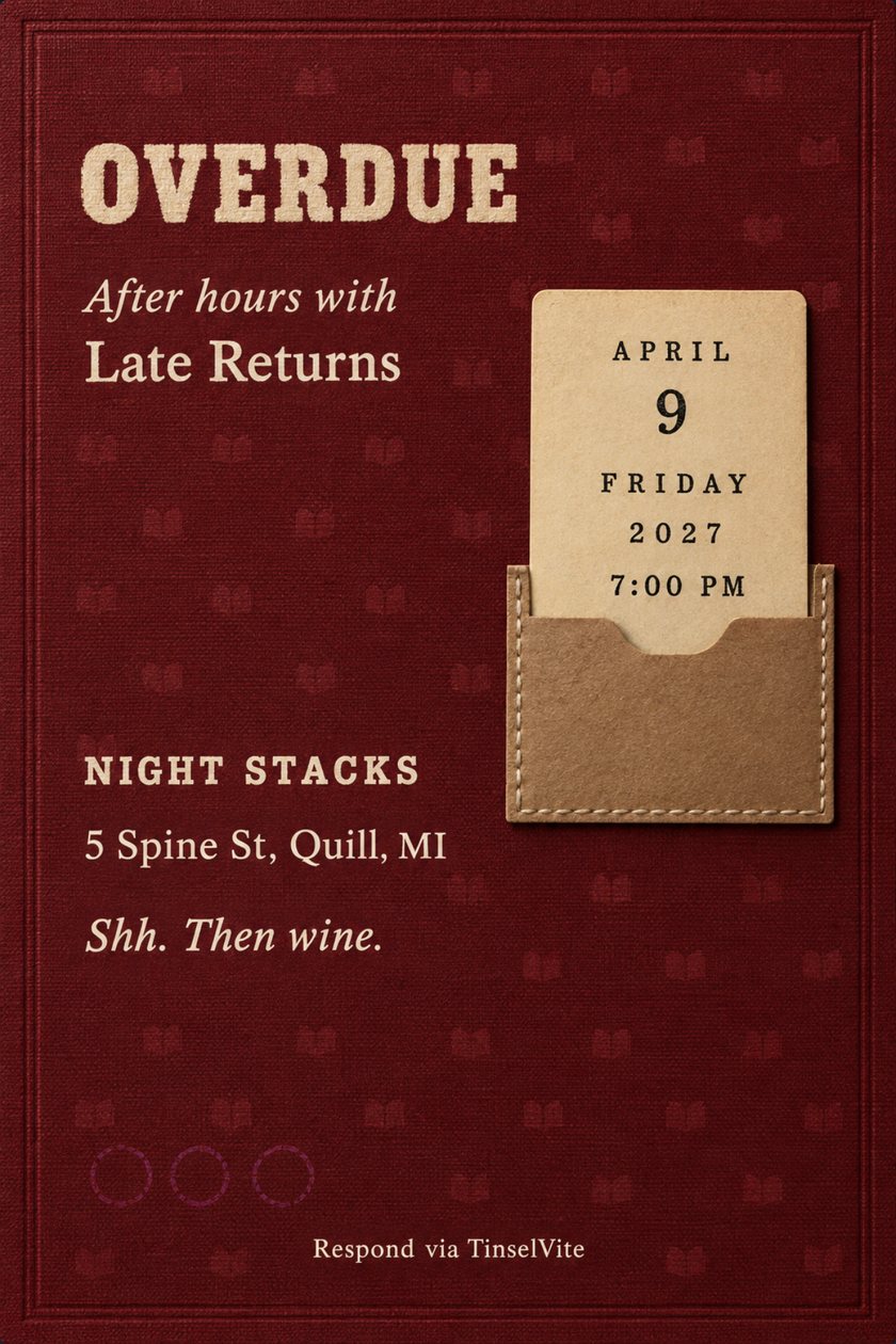 Book club invitation on deep red book cloth with a stamped cream title, OVERDUE, and a manila library card showing the date in a stitched kraft pocket, with the venue below.