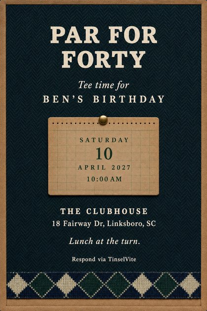 Birthday invitation card in navy and green herringbone tweed with a tan scorecard panel pinned by a brass snap, an argyle band along the foot, and PAR FOR FORTY in cream capitals.