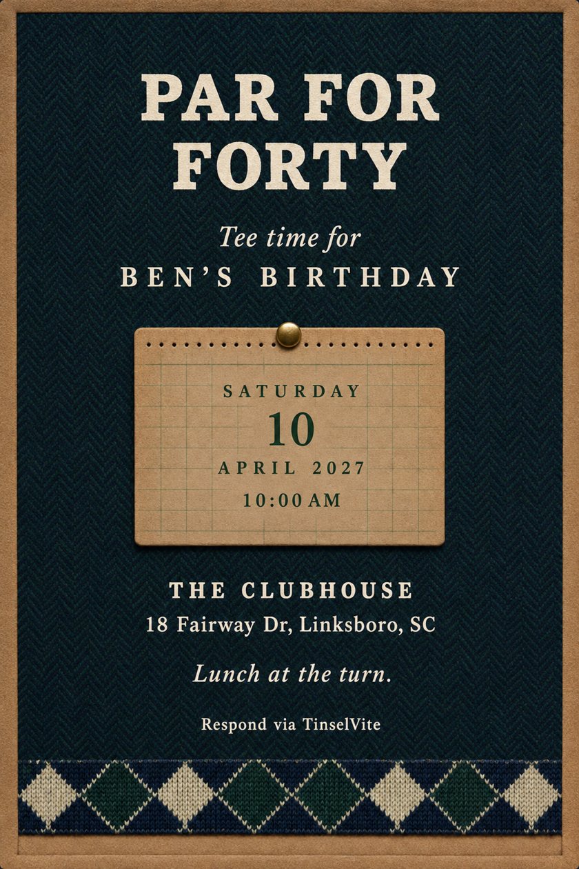 Birthday invitation card in navy and green herringbone tweed with a tan scorecard panel pinned by a brass snap, an argyle band along the foot, and PAR FOR FORTY in cream capitals.