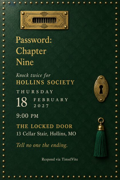 Book club invitation on deep green leather with a brass speakeasy door plate, keyhole and green tassel, brass studs round the edge, and gold lettering reading Password: Chapter Nine.