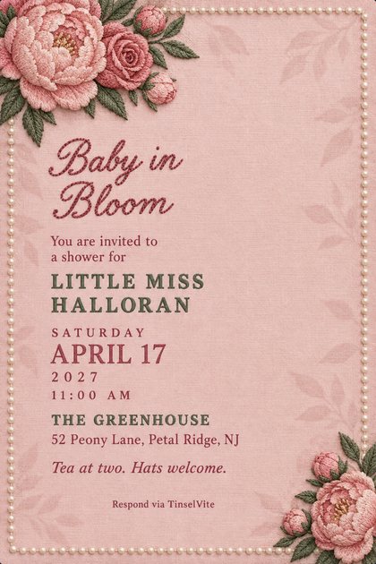 Blush linen card embroidered with pink peonies, rosebuds and sage leaves in the top-left and bottom-right corners, a stitched ivory pearl border, and script reading Baby in Bloom with the date and venue below.