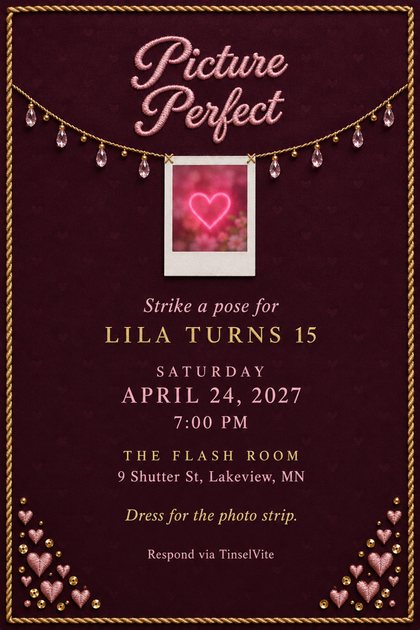 Birthday invitation on plum satin with gold rope border, a crystal swag holding an instant photo of a neon pink heart, and pink stitched script reading Picture Perfect.