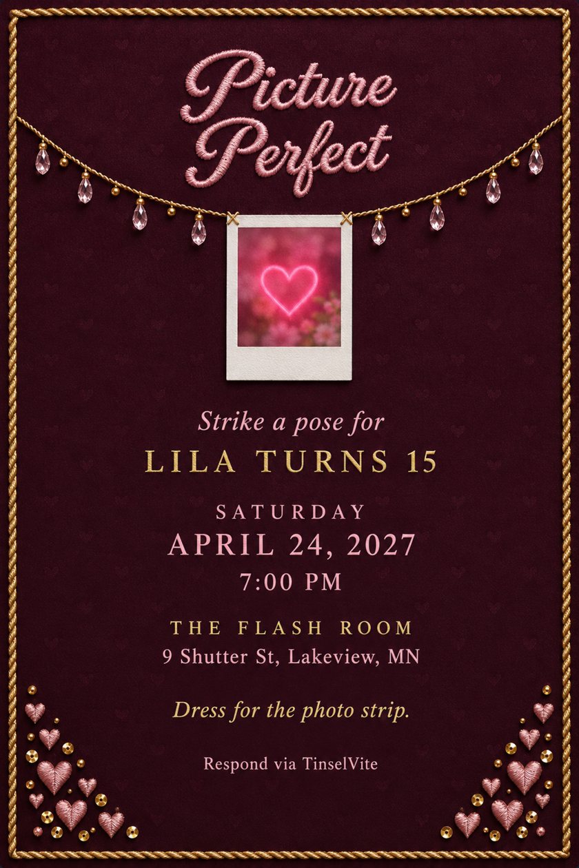 Birthday invitation on plum satin with gold rope border, a crystal swag holding an instant photo of a neon pink heart, and pink stitched script reading Picture Perfect.