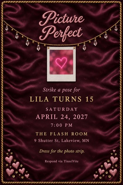 Birthday invitation on scrunched plum satin with gold rope border, crystal swag, an instant photo with a pink neon heart and embroidered Picture Perfect, with the date and venue below.