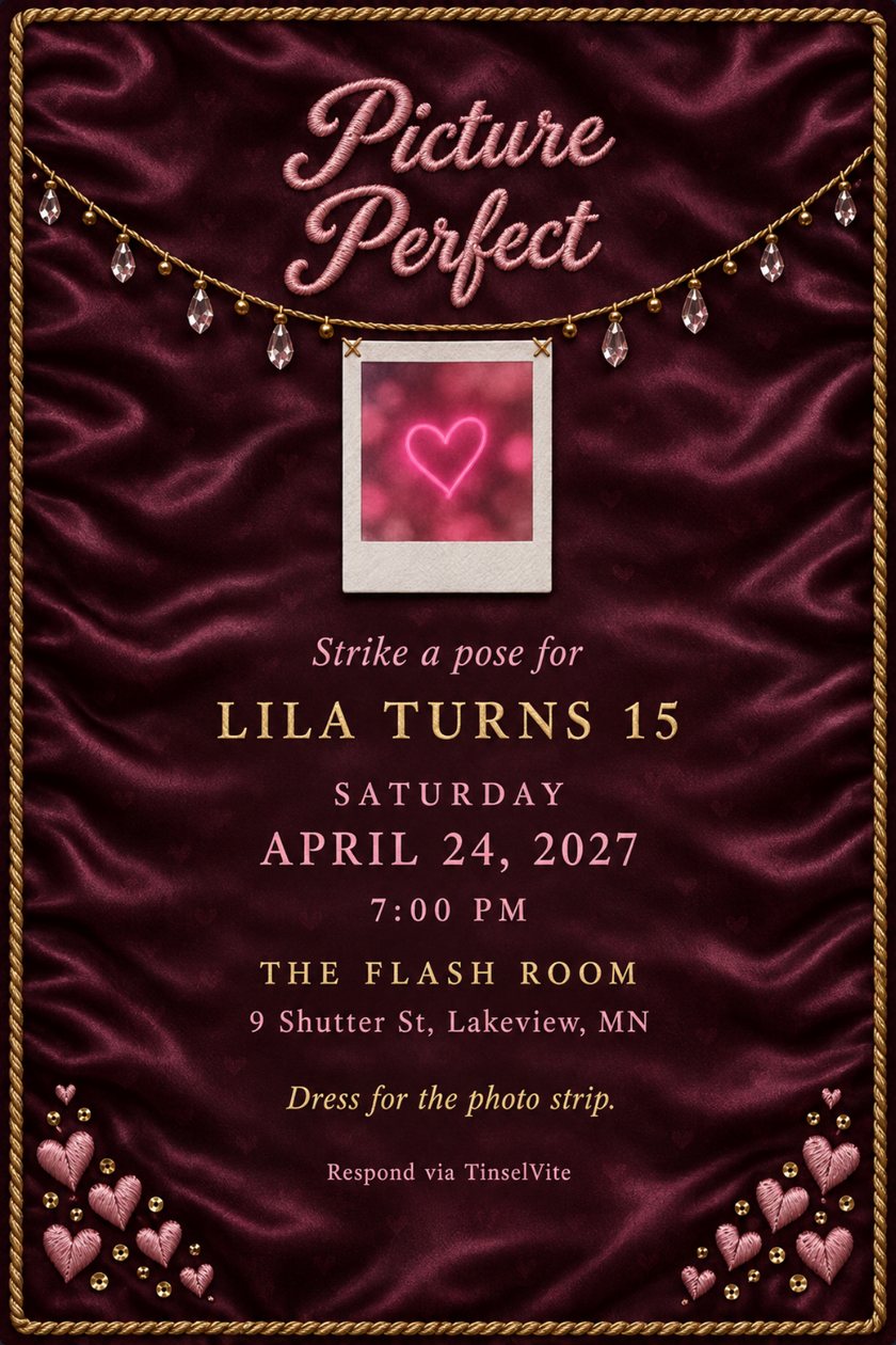 Birthday invitation on scrunched plum satin with gold rope border, crystal swag, an instant photo with a pink neon heart and embroidered Picture Perfect, with the date and venue below.