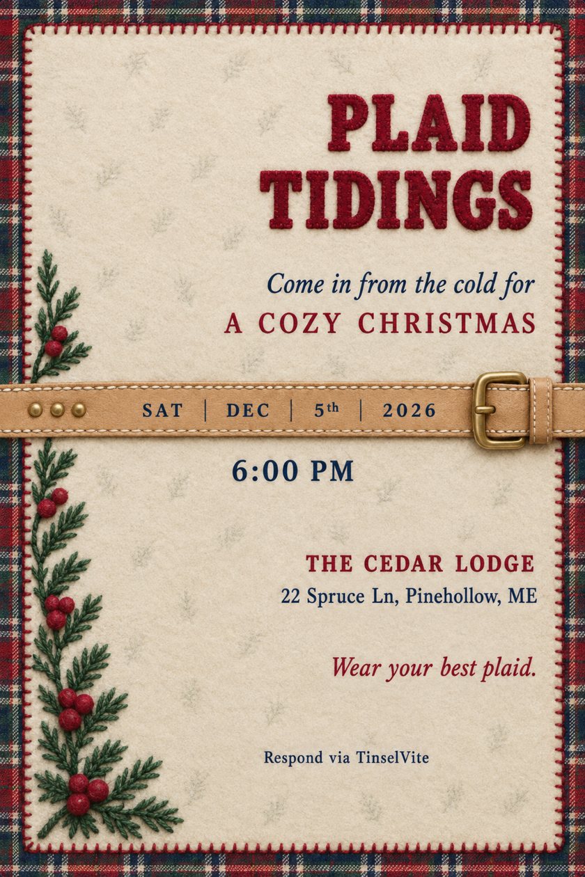 Holiday party invitation: Christmas party invitation on cream flannel with a tartan border, a tan leather buckled strap across the middle, berry sprigs and red felt lettering reading Plaid Tidings.