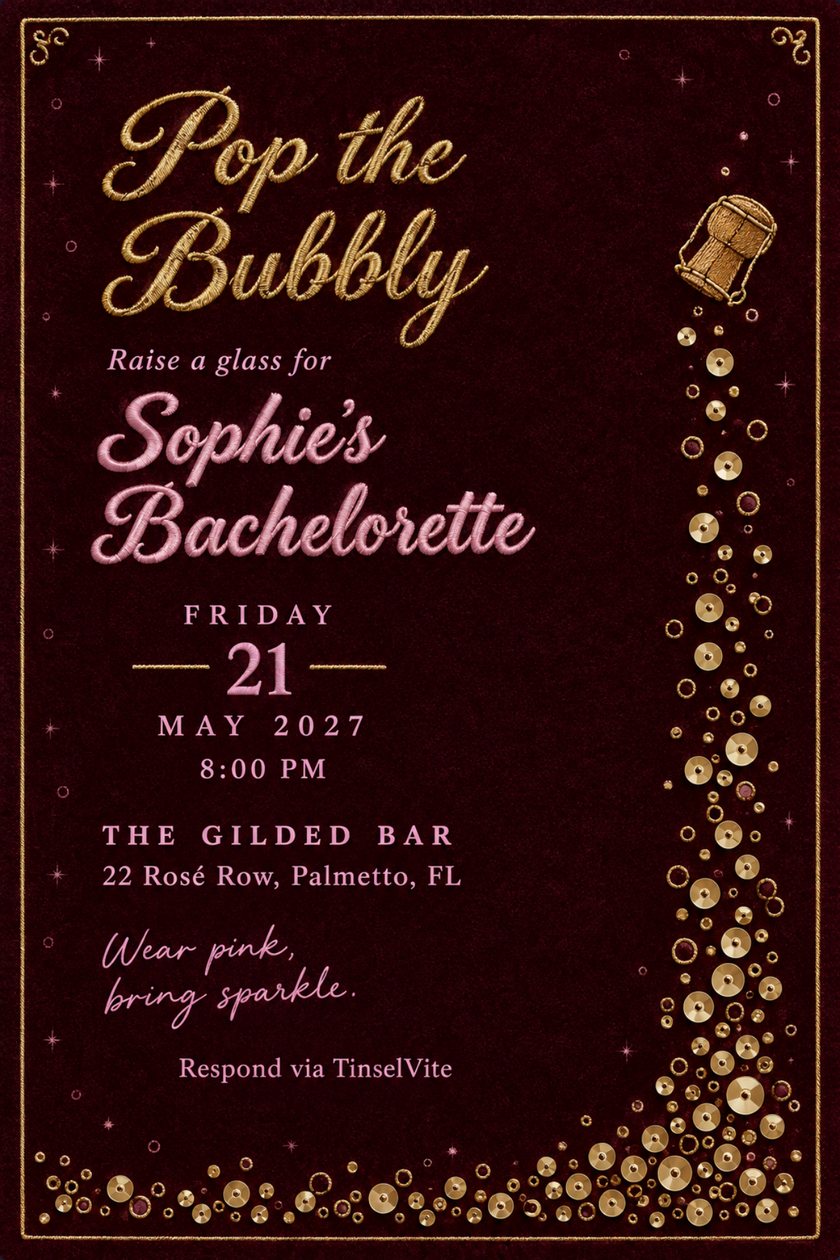 Bachelorette party invitation on black-cherry velvet, gold embroidered script reading Pop the Bubbly, a cork and a column of gold sequin bubbles, with the date and venue below.