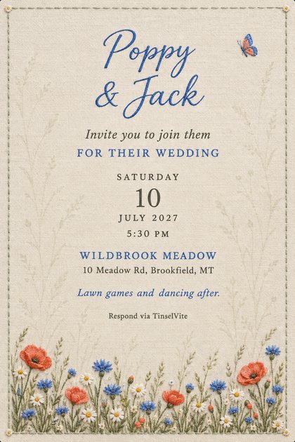 Wedding invitation on cream cotton with blue script names at the top, a stitched wildflower meadow along the bottom, a small butterfly and the date and venue below.