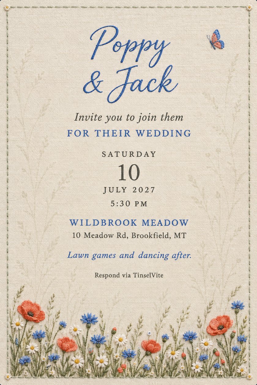 Wedding invitation on cream cotton with blue script names at the top, a stitched wildflower meadow along the bottom, a small butterfly and the date and venue below.