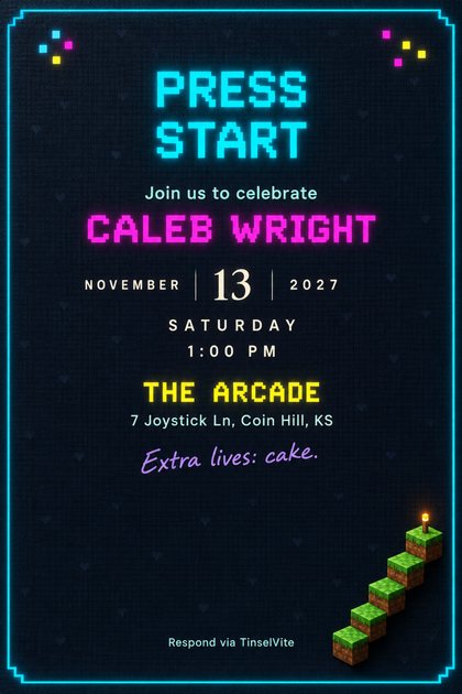 Dark indigo card in a cyan neon border. PRESS START in glowing pixel capitals above a name in magenta neon, with the date and venue below. A stair of green voxel blocks with a lit torch at lower right.