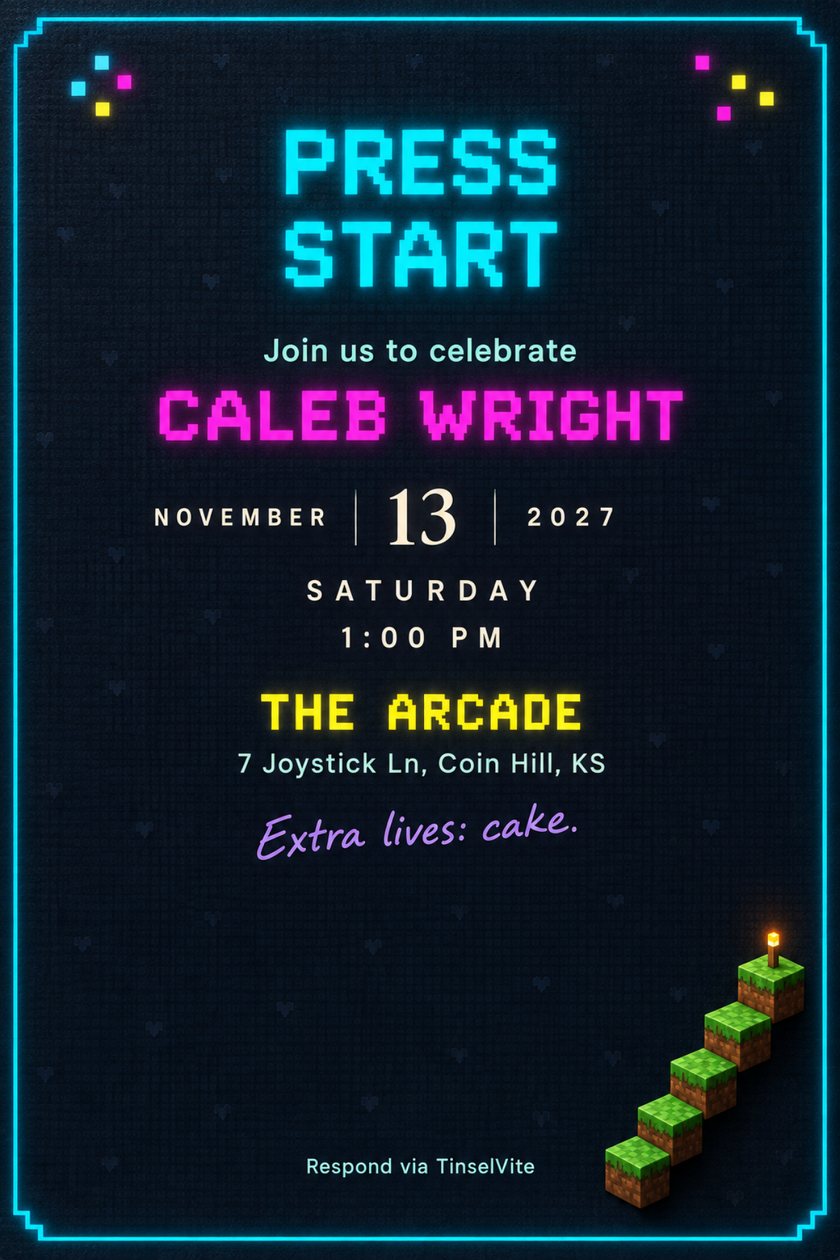 Birthday invitation: Dark indigo card in a cyan neon border. PRESS START in glowing pixel capitals above a name in magenta neon, with the date and venue below. A stair of green voxel blocks with a lit torch at lower right.