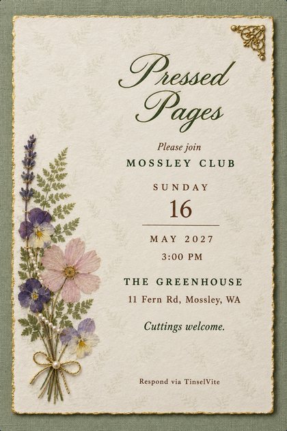 Book club invitation on a cream deckled card with a gilt edge: pressed violas, cosmos, fern and lavender stitched down at left, a gold corner piece, script title Pressed Pages.