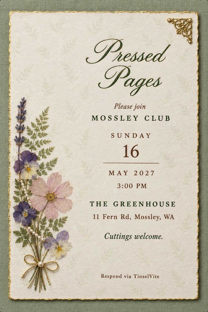 Book club invitation on a cream deckled card with a gilt edge: pressed violas, cosmos, fern and lavender stitched down at left, a gold corner piece, script title Pressed Pages.