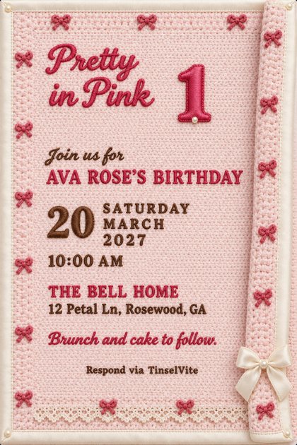 Pale pink crochet blanket birthday invitation with ivory satin edging, rose bows, a lace hem and a pearl-studded numeral 1 beside the script title Pretty in Pink.