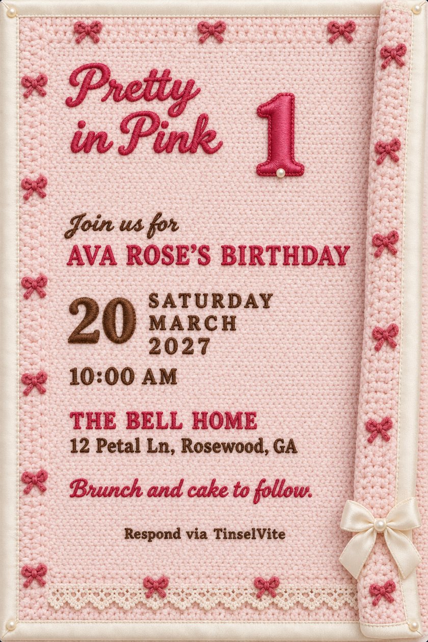 Pale pink crochet blanket birthday invitation with ivory satin edging, rose bows, a lace hem and a pearl-studded numeral 1 beside the script title Pretty in Pink.